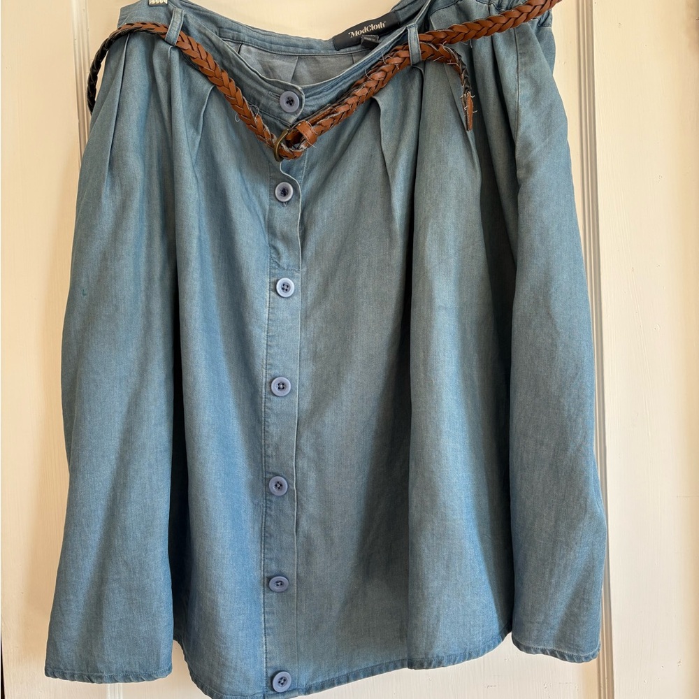 ModCloth Blue Button-Front Denim Skirt with Brown Braided Belt